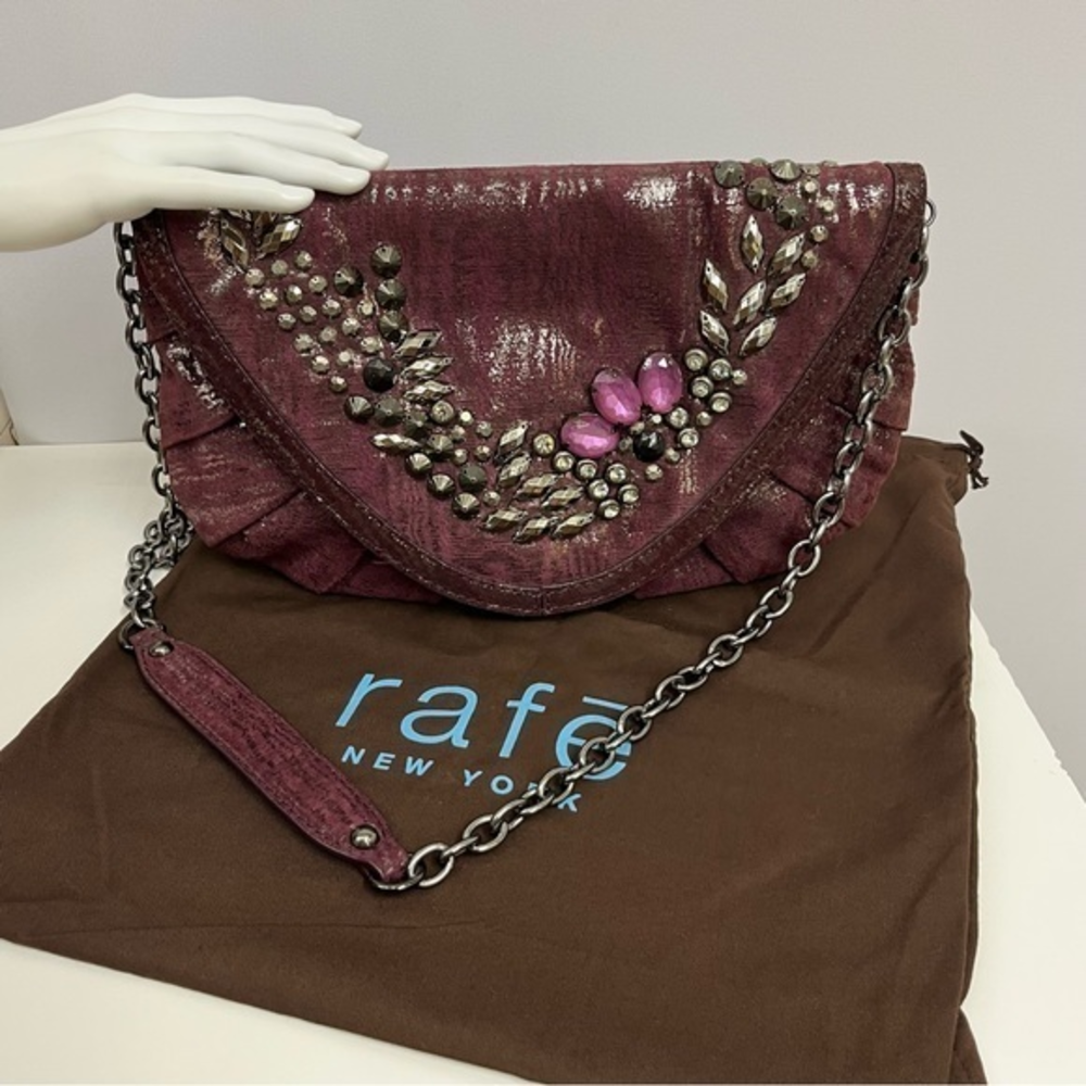 RAFE New York Leather Crystal Bag Clutch Metallic Burgundy Pink Stones‎ NWOT